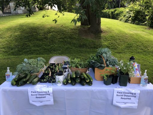 Table displaying fresh produce and plants, with signs requiring face coverings and social distancing.