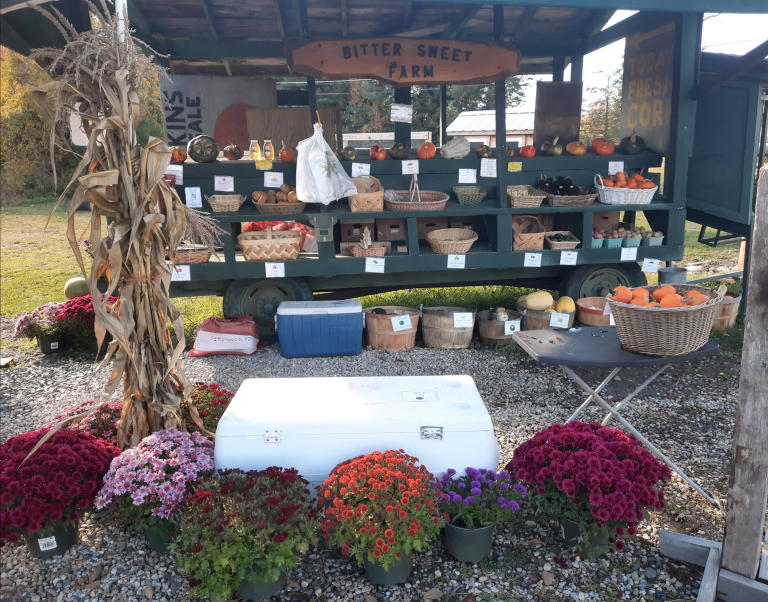 A farm stand labeled "Bitter Sweet Farm" displaying fresh produce, flowers, and handmade goods on a wooden cart.