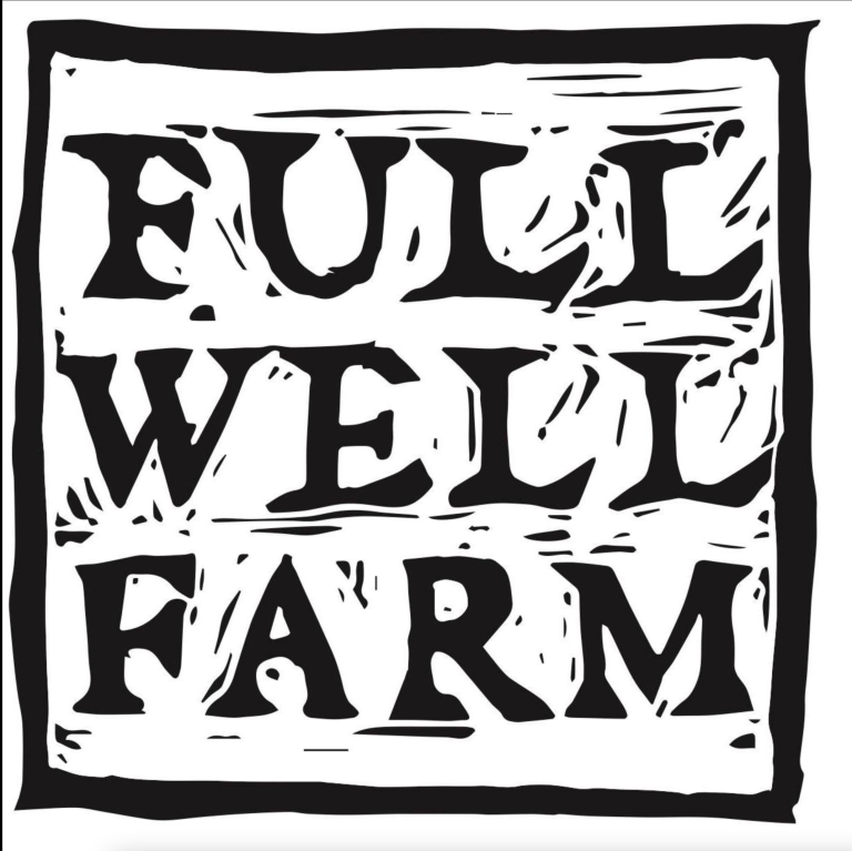A black and white hand-drawn logo for Full Well Farm with bold, rustic lettering.