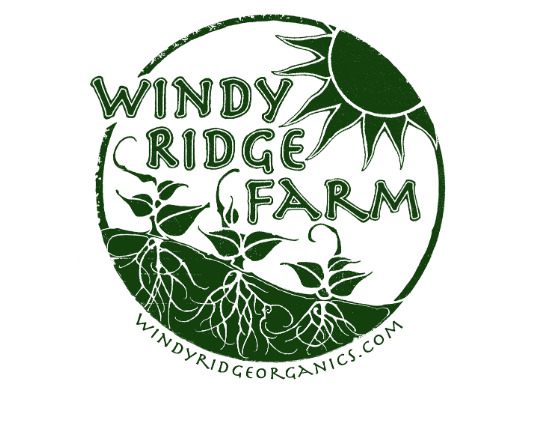 A green and white logo for Windy Ridge Farm featuring plants with roots and a sun.