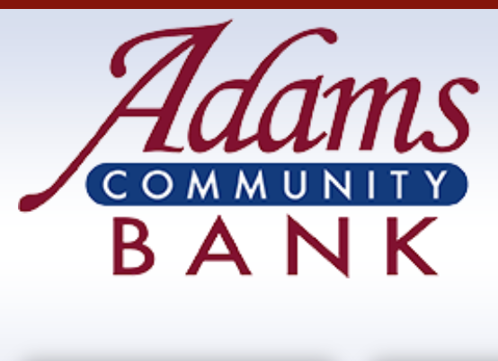 Logo of Adams Community Bank with red and blue text on a white background.