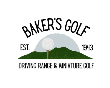 Logo of Baker's Golf, featuring a golf ball on a tee with green hills and a rising sun, established in 1943.