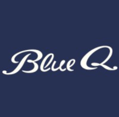 Logo of Blue Q, a company known for quirky and creative products, featuring elegant white script on a dark blue background.