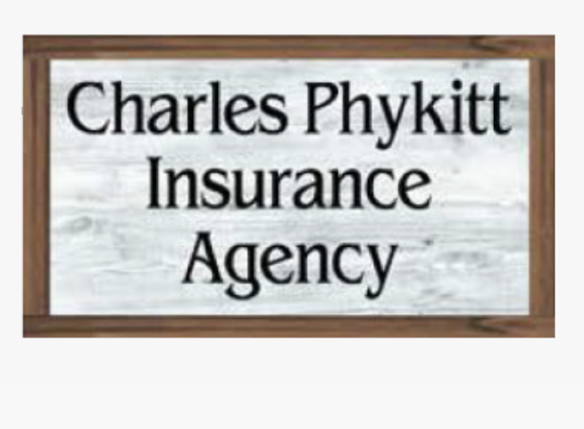 Logo of Charles Phykitt Insurance Agency, featuring black serif text on a rustic wooden sign background.