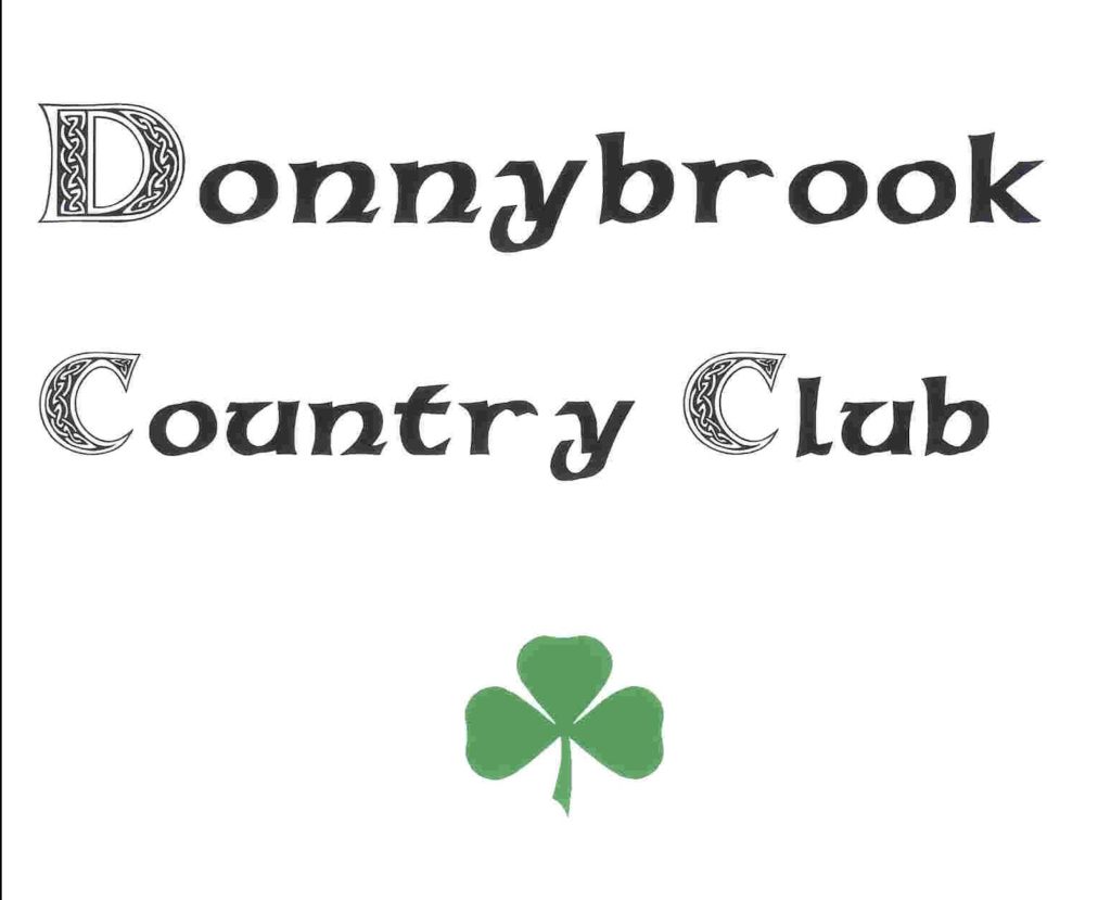 Logo of Donnybrook Country Club, featuring stylized text with Celtic-inspired lettering and a green shamrock below.