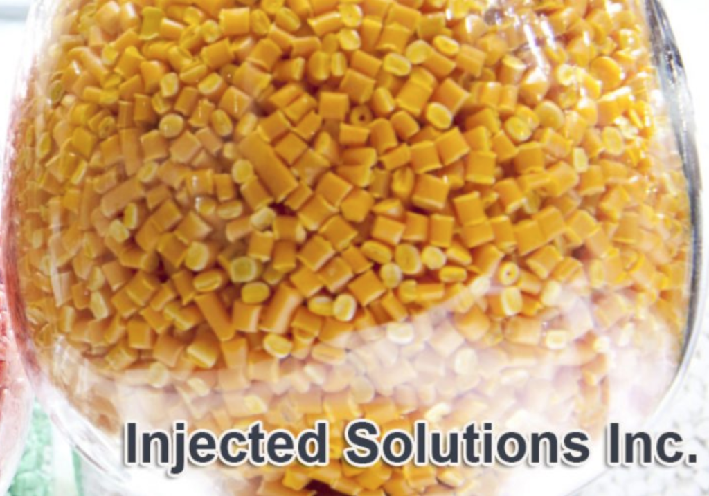 Logo of Injected Solutions Inc., featuring a close-up image of yellow plastic pellets inside a glass container with the company name in bold text.
