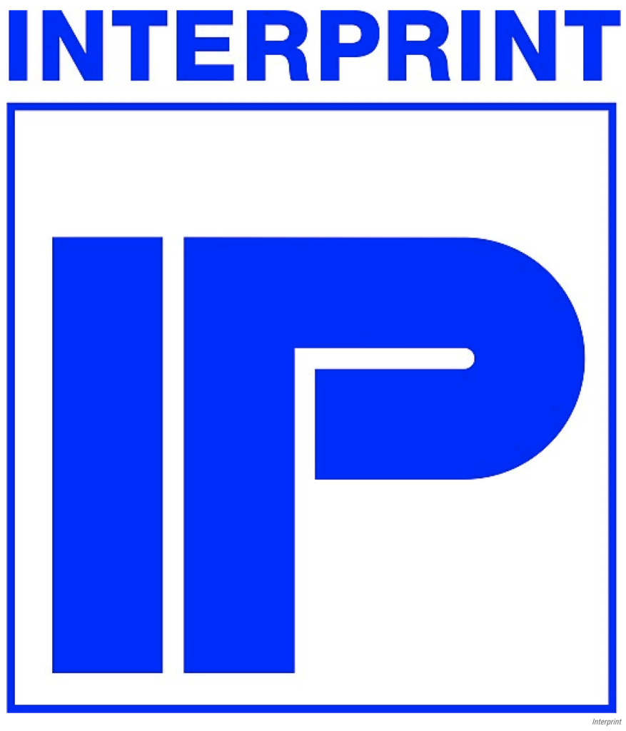 Logo of Interprint, featuring bold blue text and a stylized "IP" within a square border.