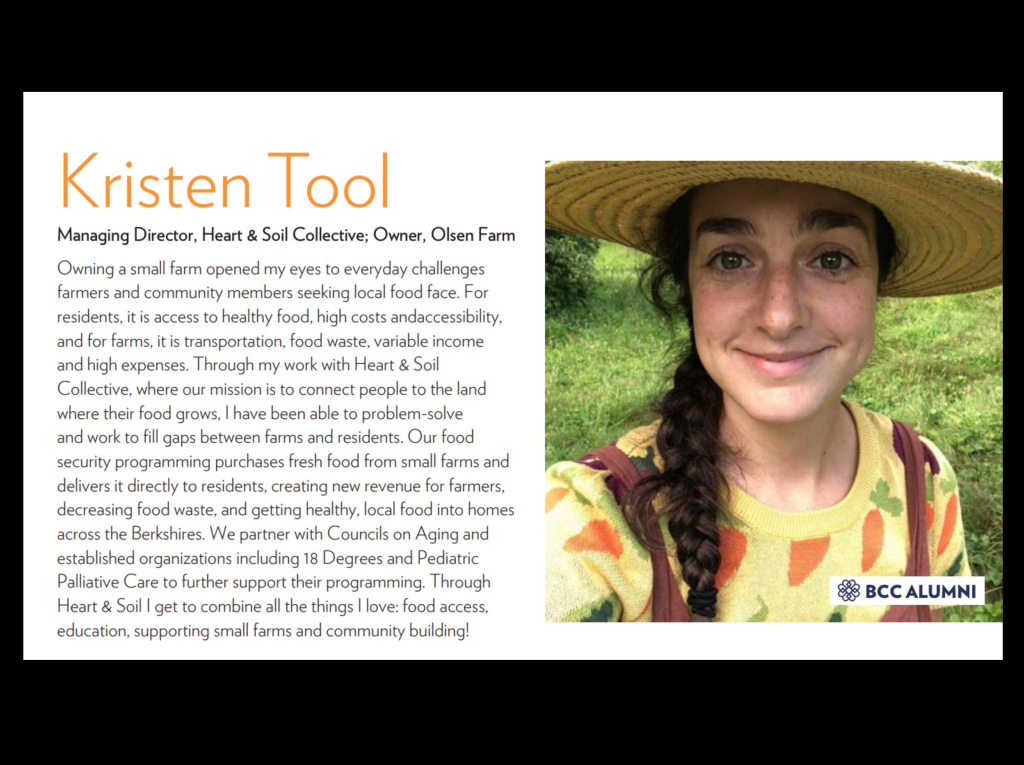 A profile of Kristen Tool, Managing Director of Heart & Soil Collective, featuring her biography and a smiling portrait of her wearing a straw hat.