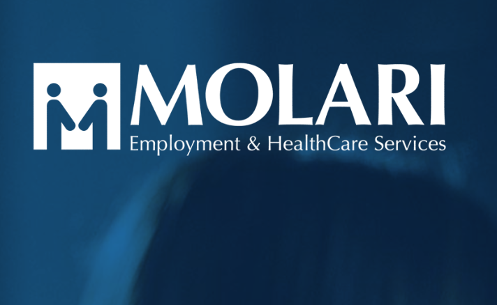 Logo of Molari Employment & Healthcare Services with a stylized "M" icon and white text on a blue background.