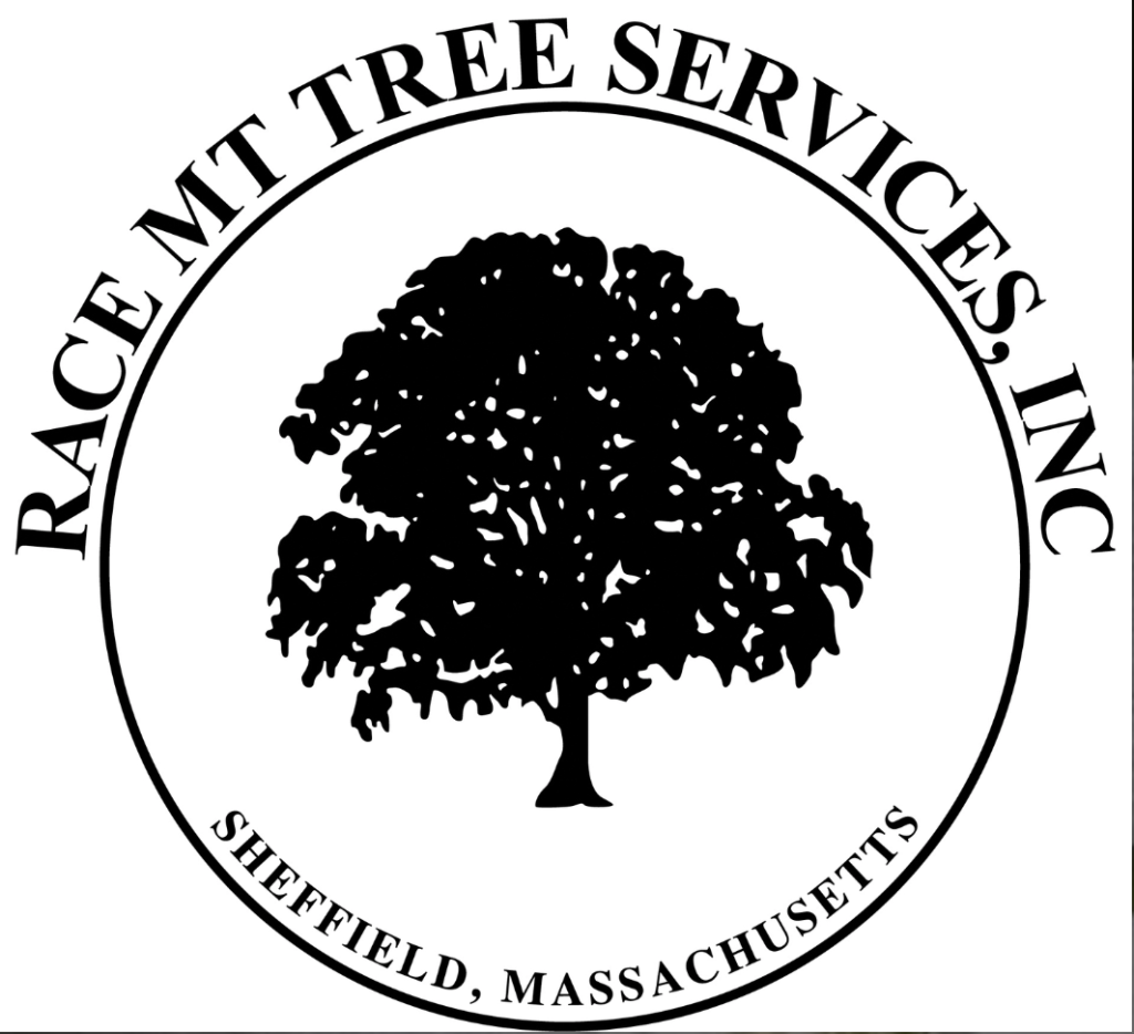 Logo of Race Mountain Tree Services, Inc., featuring a black silhouette of a tree with the company name and location in Sheffield, Massachusetts.