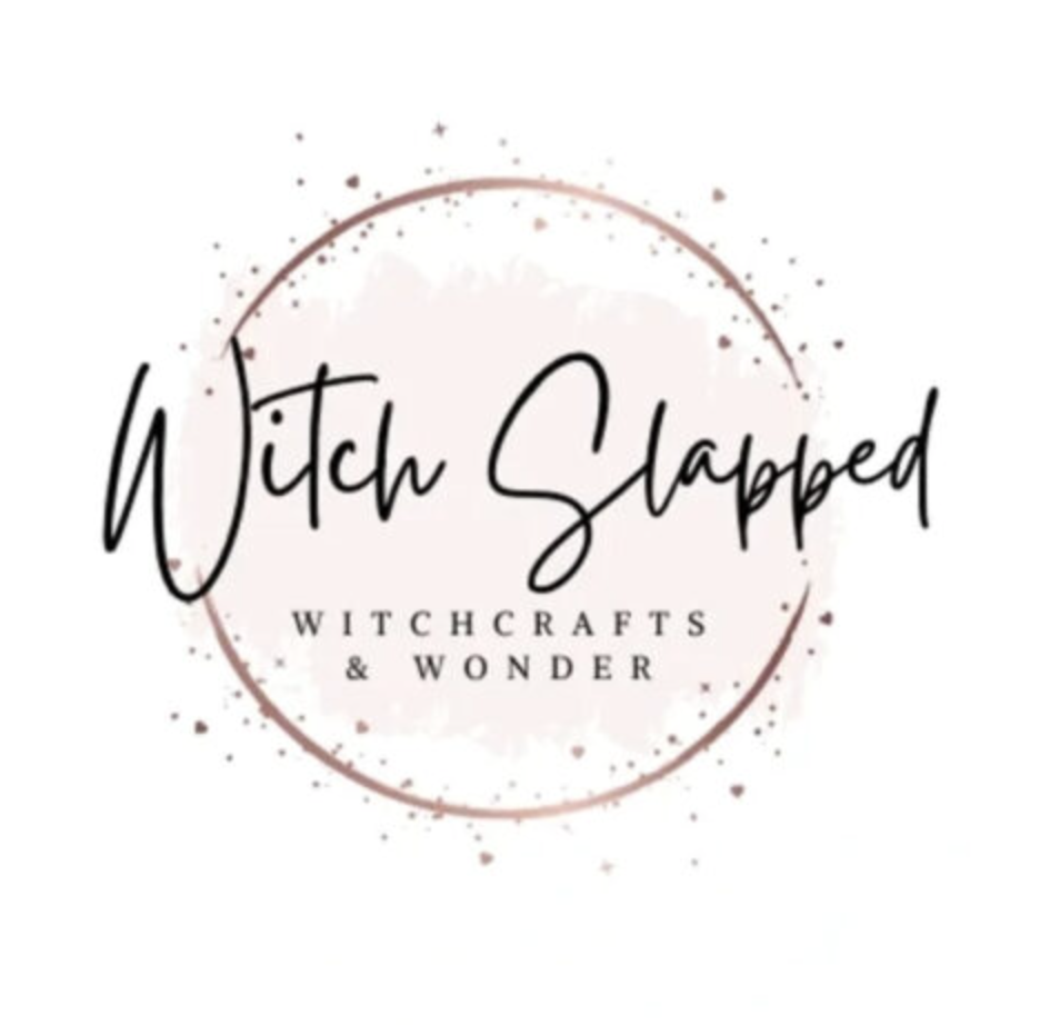 Logo of Witch Slapped, a business specializing in witchcraft and wonder, with elegant black script inside a circular design.